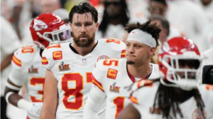 Travis Kelce and Patrick Mahomes look on from the sideline following Kansas City’s Super Bowl loss on Feb. 9, 2025. AP